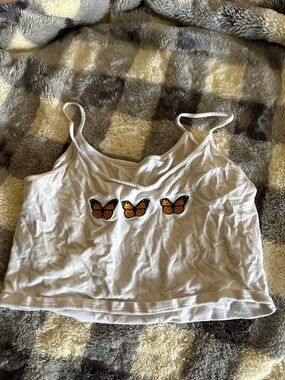 White Cropped Tank with Orange Butterfly Appliqués